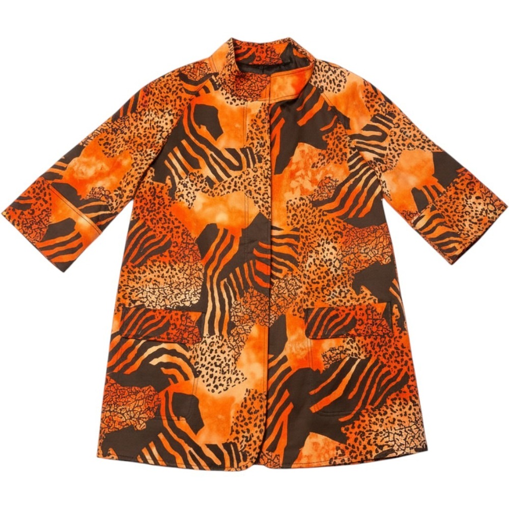Ellen Tracy Animal Print Topper Coat Orange Brown Zebra Leopard Mock Neck Size 6